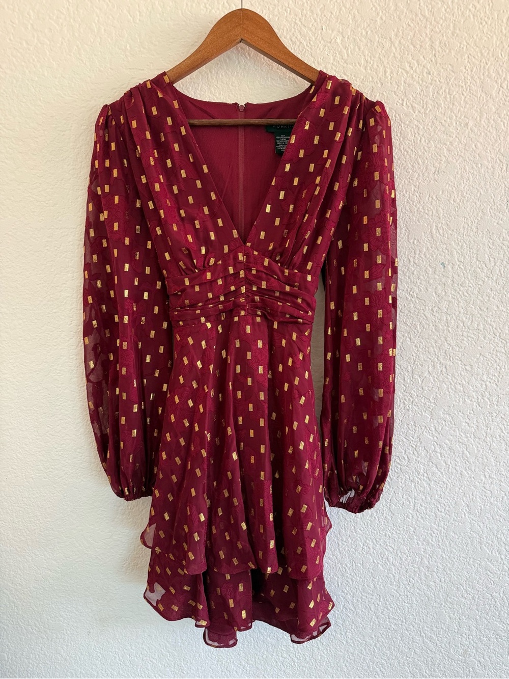 B Darlin Burgundy and Gold V-Neck Long Sleeve Mini Dress